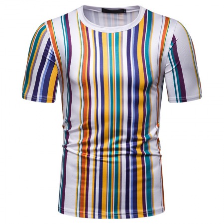 New Summer Men's Short-Sleeved T-Shirt Mens Contrast Striped Slim Casual T-Shirt